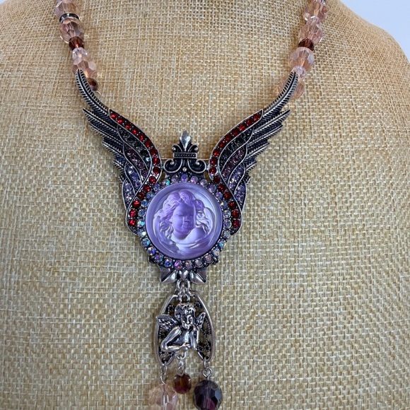 Kirks Folly Purple Cherub Cameo Necklace with Silver and Red Rhinestone Accents - Picture 3 of 7